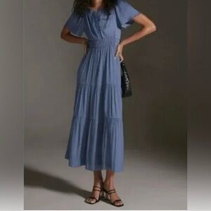 Anthropologie Somerset Dress XS Satin Silky Tiered Midi / Maxi